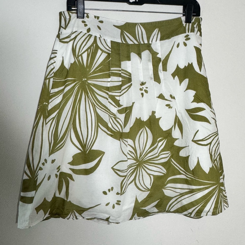 Ann Taylor Olive &‎ White Floral print pleated A-Line 100% cotton Skirt Sz 8P